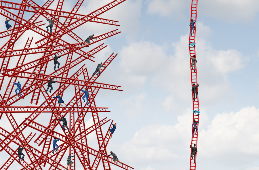 Illustrations of people building ladders towards the sky